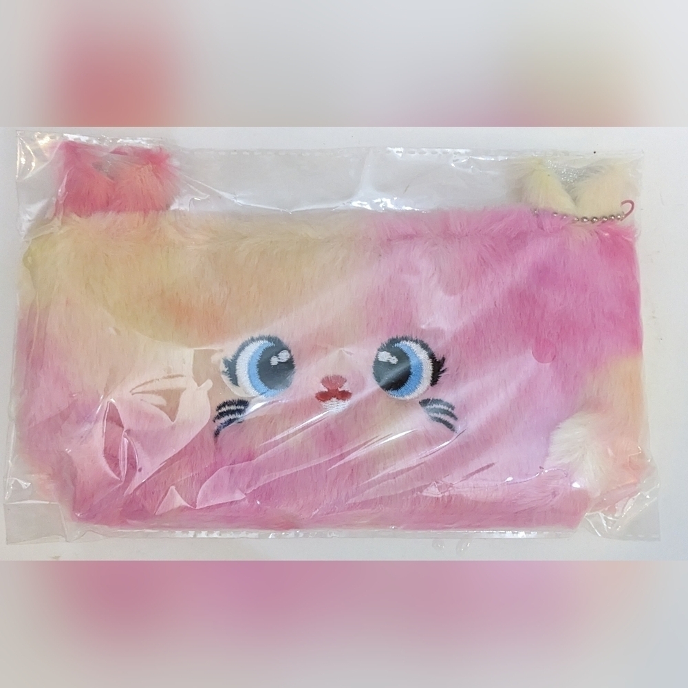Pink Plush Cat Cosmetic Bag | Furry Makeup Pouch w/ Ears | Cute Kawaii Zip T8MIS